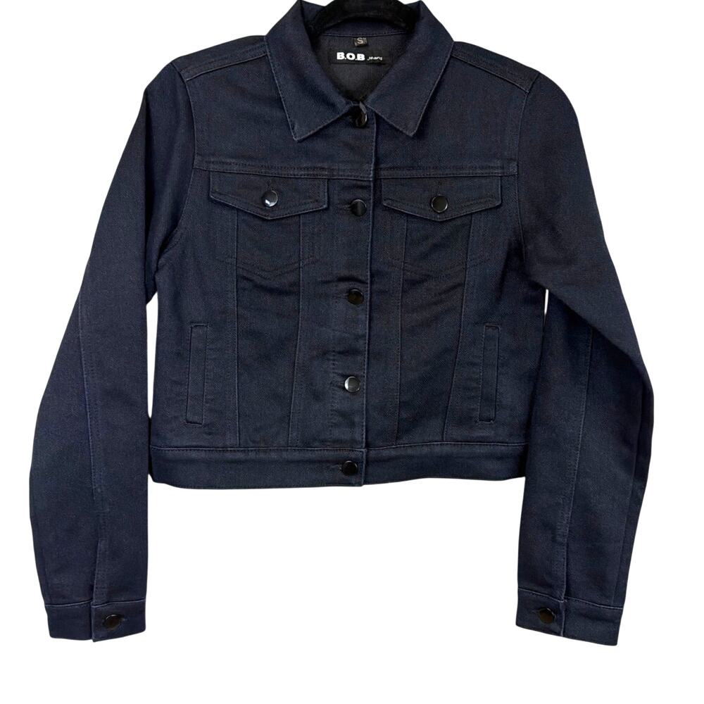 NWT B.O.B. Black Cropped Denim Trucker Jacket Button Up with Pockets Size S